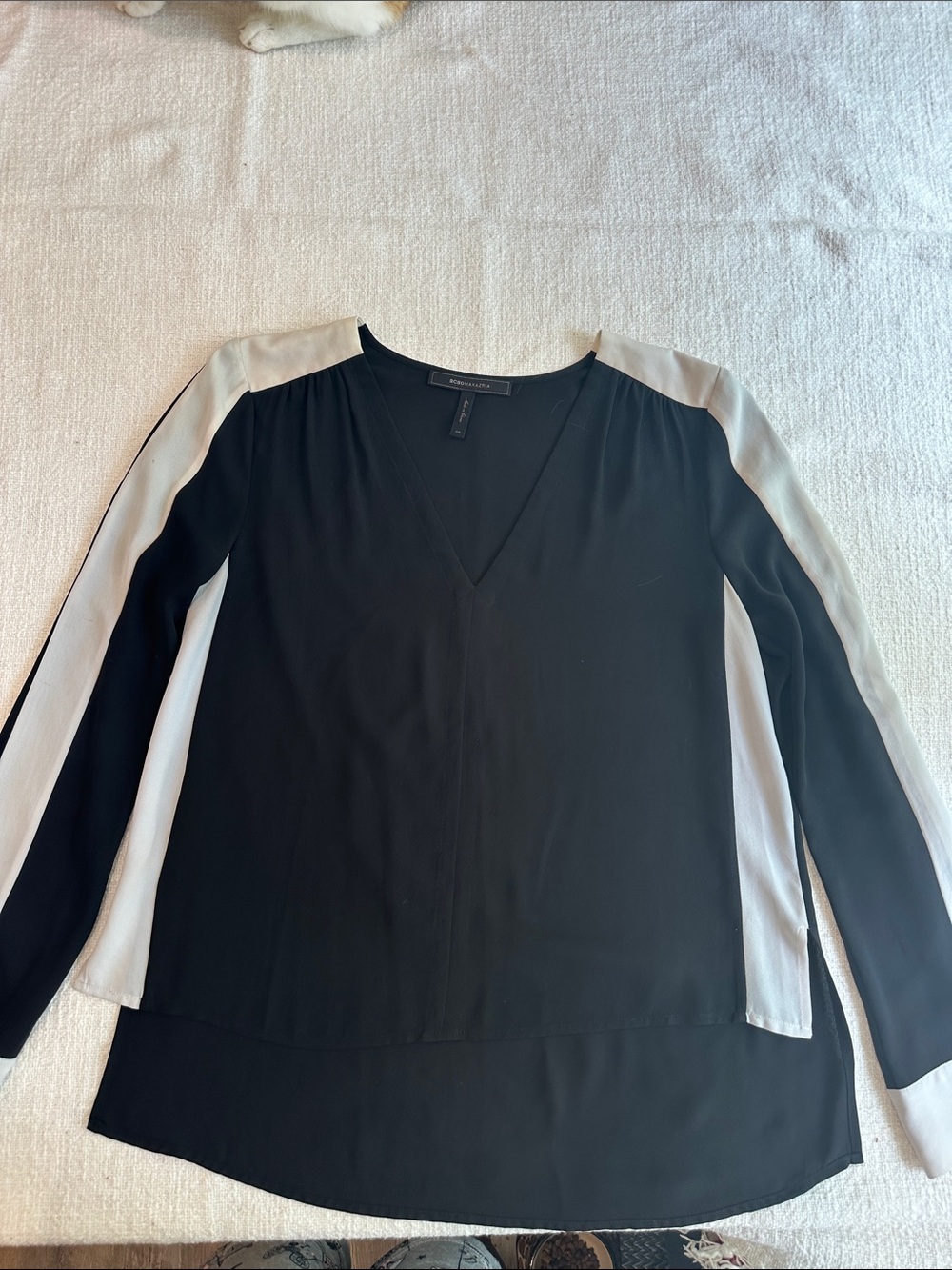 BCBG Black and White V-Neck Colorblock Blouse